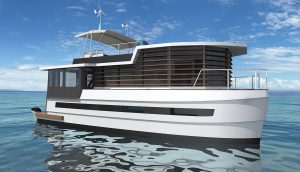 STAY-Ô maison-bateau, une solution écologique pour vivre sur l’eau. Vue d’ensemble de la maison-bateau, avec son vaste salon-séjour offrant une vue à 360 degrés sur la mer et son sundeck équipé d’un Bimini et d’un spa et barbecue